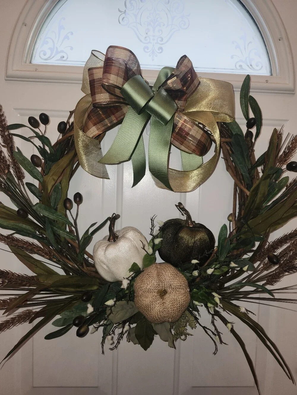 Fall Wreath, 3 Textured Pumpkins, Faux Florals, Approx 20